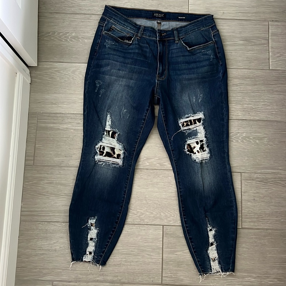 JUDY BLUE High Waist Destroyed Leopard Patch Skinny Fit Ankle Jeans Plus 18W